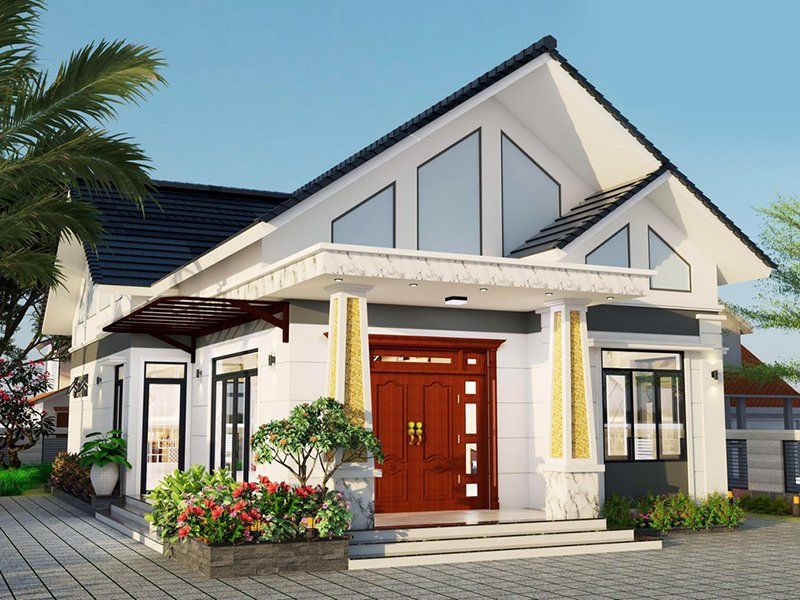 Mẫu nhà cấp 4 mái thái có sân vườn và sử dụng cửa inox kính giúp cho ngôi nhà thêm sang sủa