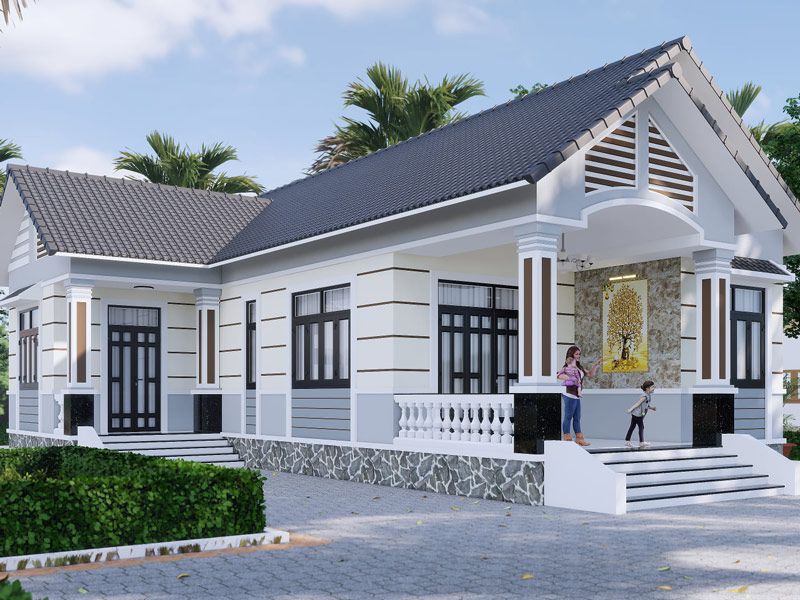 Mẫu nhà cấp 4 mái thái 3 phòng ngủ hình chữ L với màu chủ đạo đen trắng