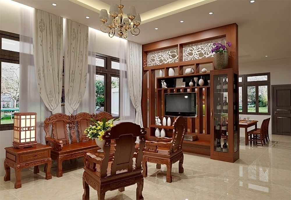 Kệ tivi kết hợp vách ngăn phòng khách và bếp vừa đẹp vừa tiện lợi