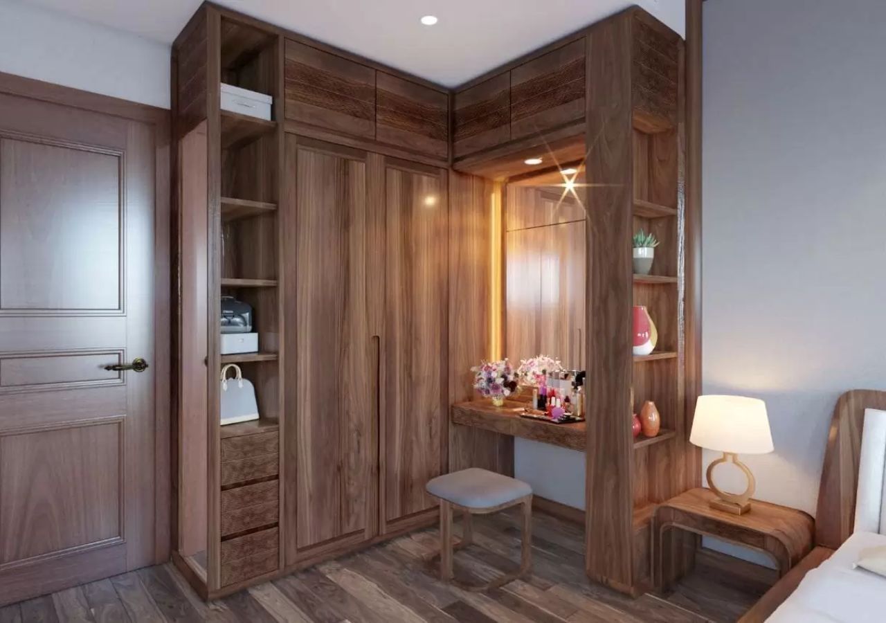 Mẫu 26: Tủ quần áo gỗ óc chó sang trọng với bàn trang điểm gắn led trong
