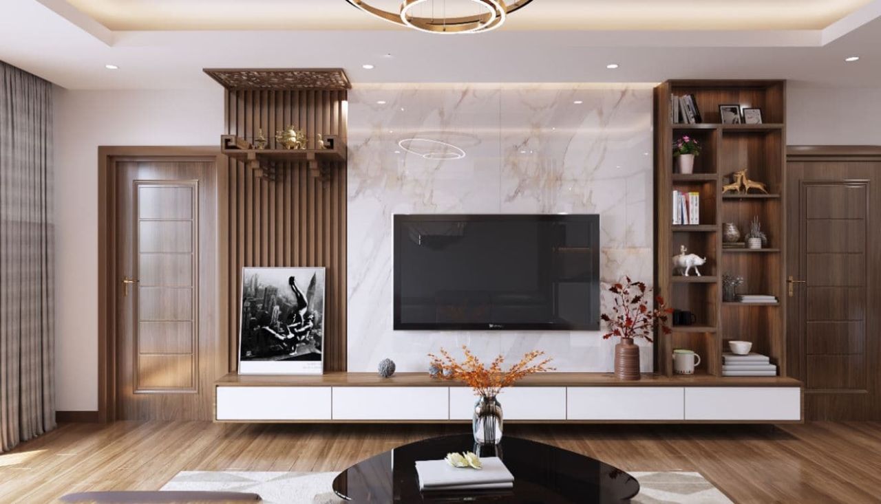 Mẫu 2: Kệ tivi phòng khách nhà ống kết hợp tủ trang trí và bàn thờ treo