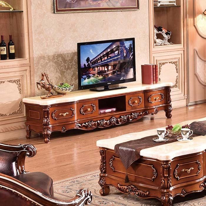 Mẫu 6: Kệ tivi phòng khách nhà ống phong cách tân cổ điển