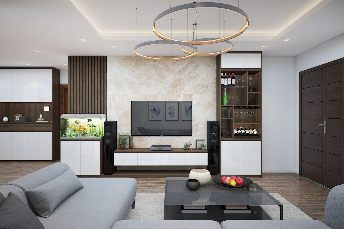 Mẫu 7: Kệ tivi phòng khách nhà ống gỗ công nghiệp phủ melamine