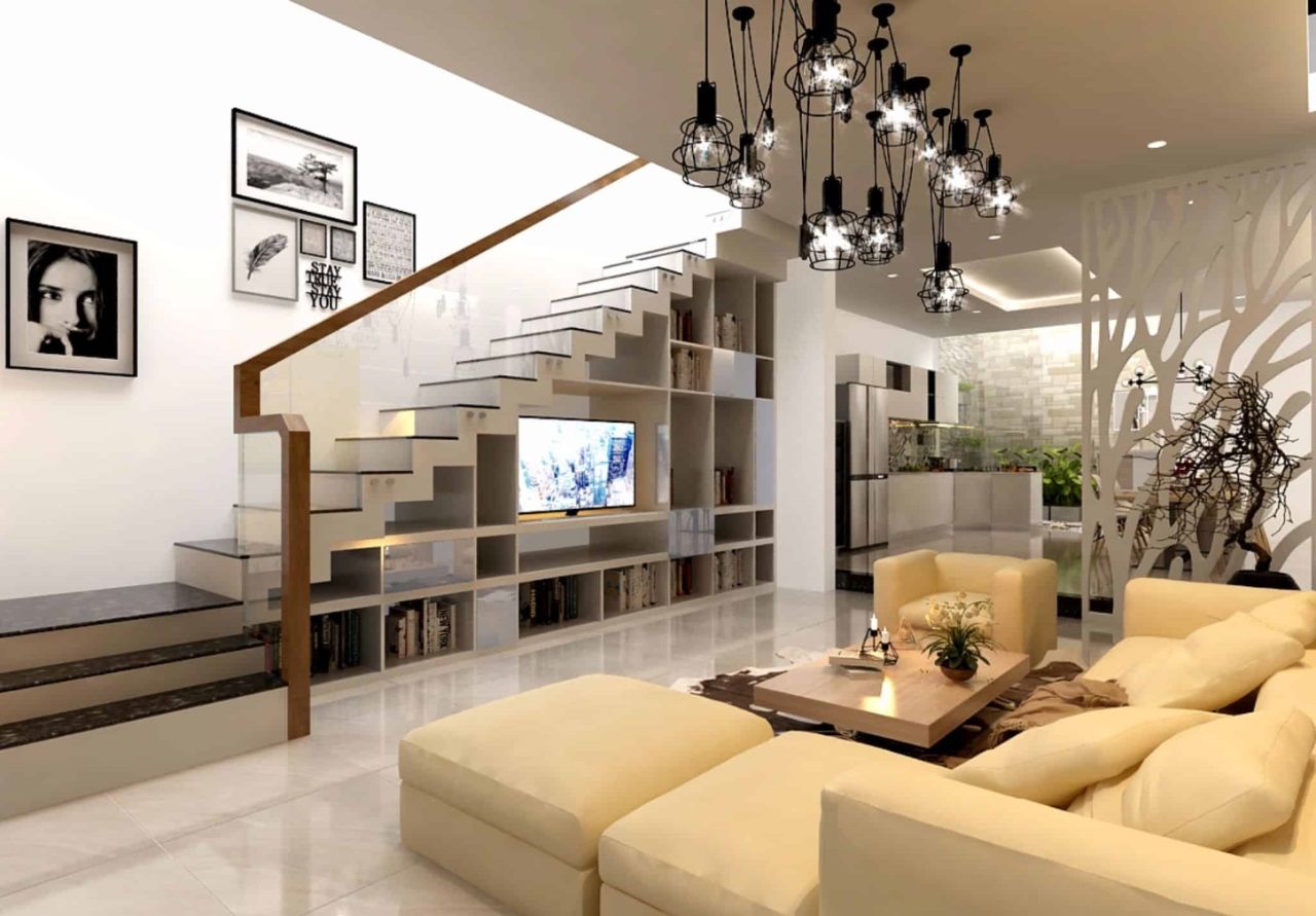 Mẫu 9: Kệ tivi phòng khách nhà ống đặt dưới chân cầu thang