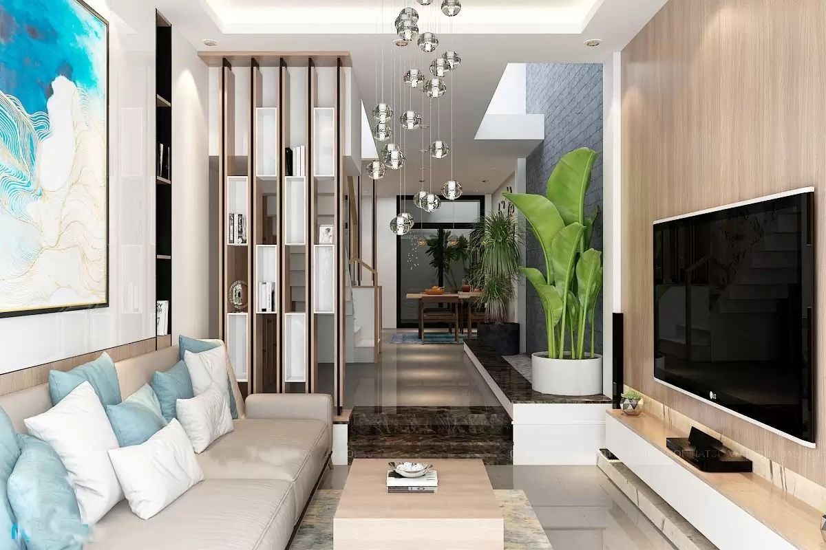Kệ tivi phòng khách nhà ống thiết kế kiểu treo tường