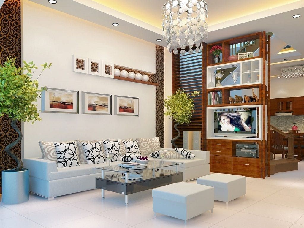 Mẫu 12: Kệ tivi phòng khách nhà ống làm vách ngăn với cầu thang