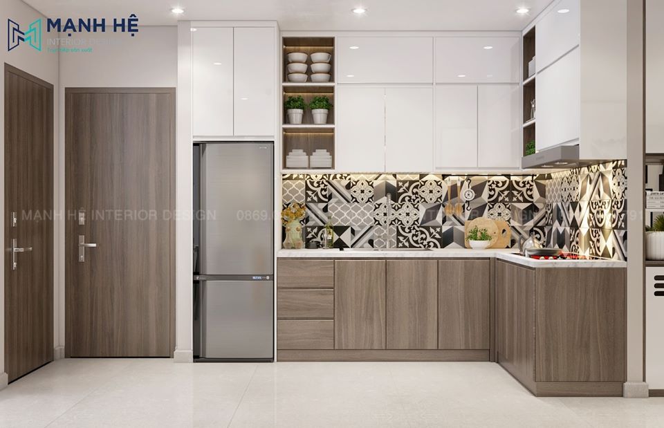 Tủ bếp chữ L tone xanh nền nã kết hợp lò vi sóng, lò nướng âm tường tiết kiệm không gian