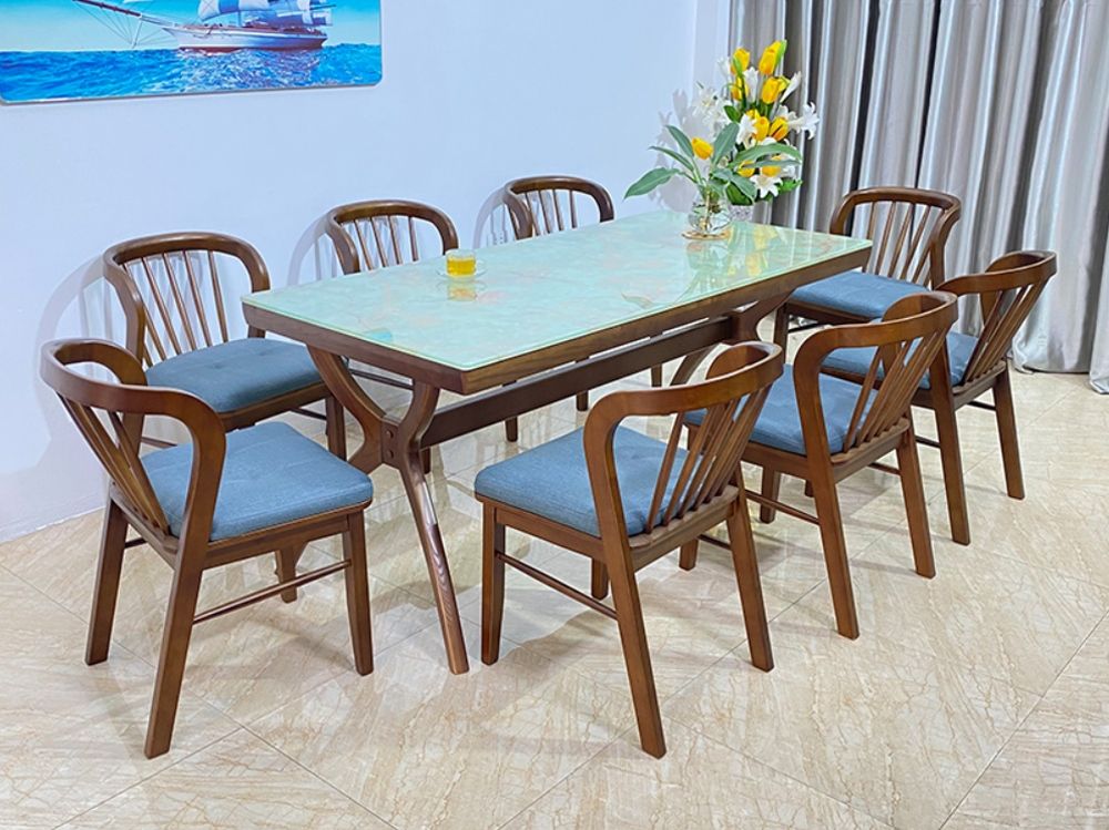 Bộ bàn ăn 8 ghế hình chữ nhật bằng gỗ mặt kính thích hợp với mọi không gian nhà ở