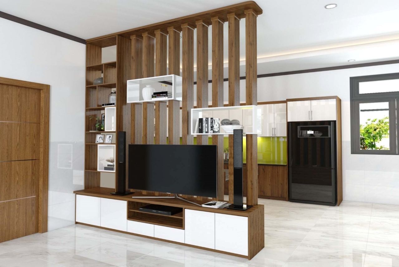 Sử dụng vách ngăn phòng khách và bếp kết hợp kệ tivi đang trở nên rất phổ biến trong thời gian gần đây