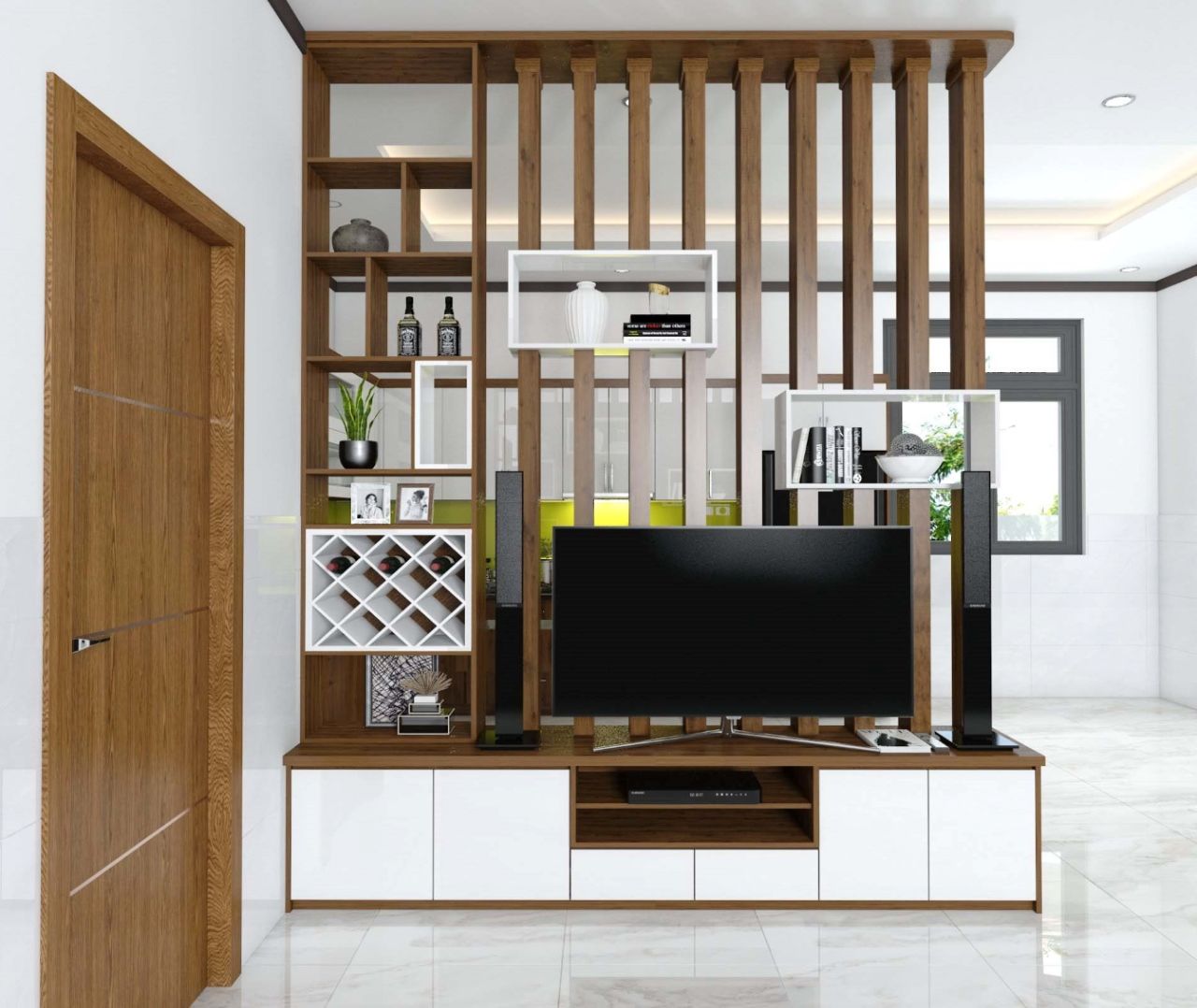 Mẫu kệ tivi đẹp với các ô chứa đồ được sắp xếp bắt mắt, mới lạ