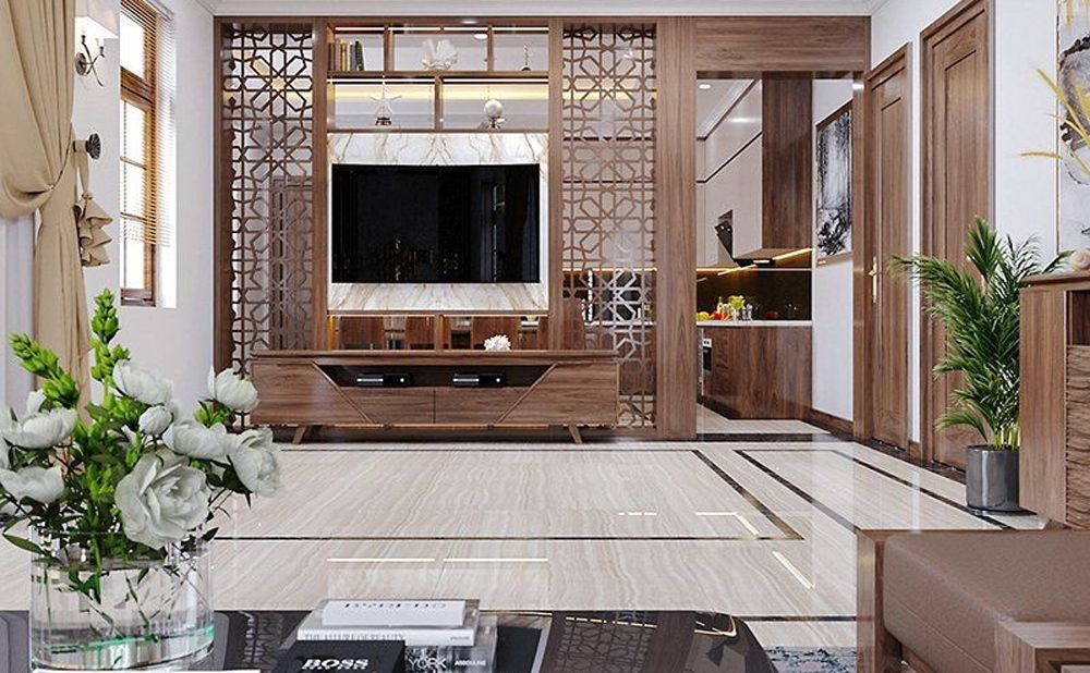 Tủ tivi kết hợp vách ngăn CNC bằng gỗ hiện đại, sang trọng