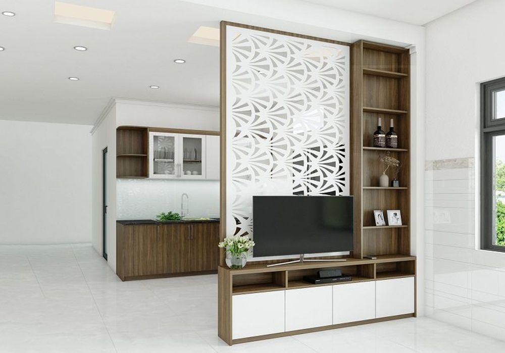 Kệ tivi phòng khách kết hợp vách ngăn đơn giản nhưng hiện đại, tiện nghi