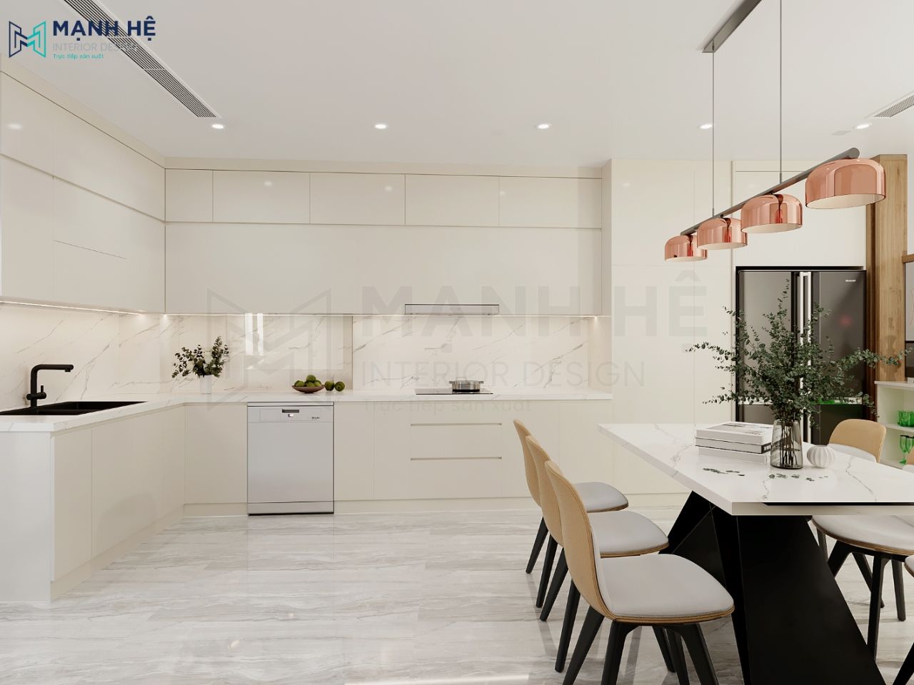 Vách ốp vân mây bóng loáng, hút mắt phía sau kệ tivi và kết hợp với kệ trang trí tối ưu không gian sử dụng cho gia chủ