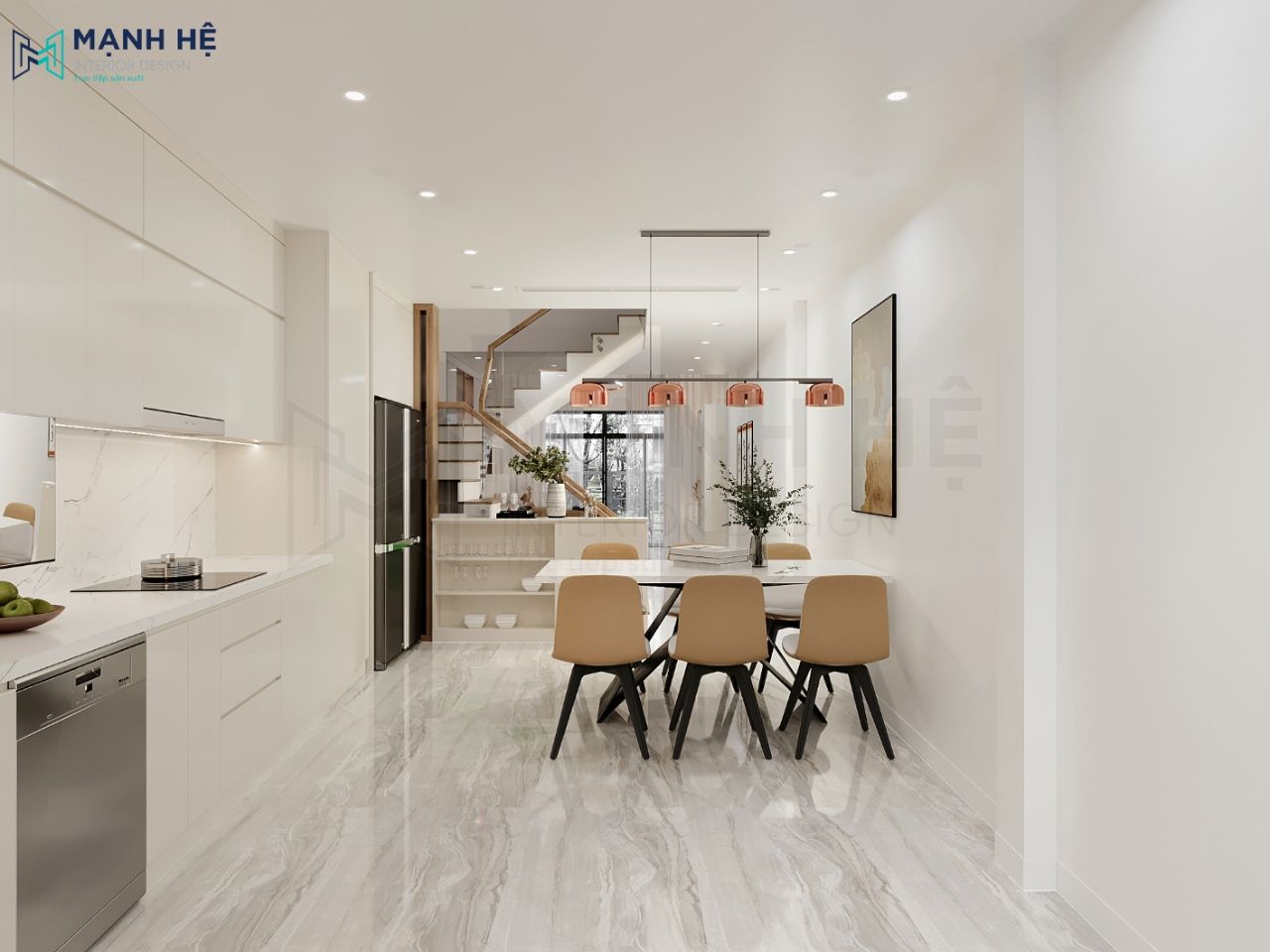 Bộ bàn ăn 5 ghế bọc nhung êm ái kết hợp với ánh đèn chèm tạo cảm giác mỗi bữa cơm quây quần bên gia đình