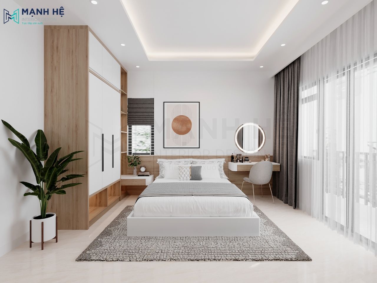 Bố trí bàn trang điểm cạnh giường hiện đại bằng chất liệu gỗ công nghiệp