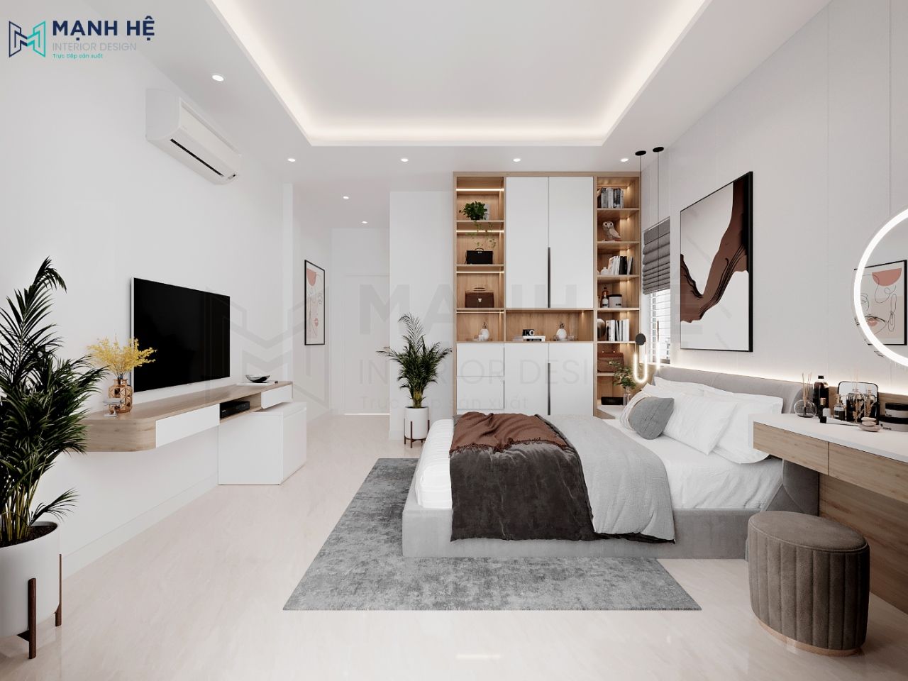 Hệ tủ quần áo cao đụng trần kết hợp kệ trang trí