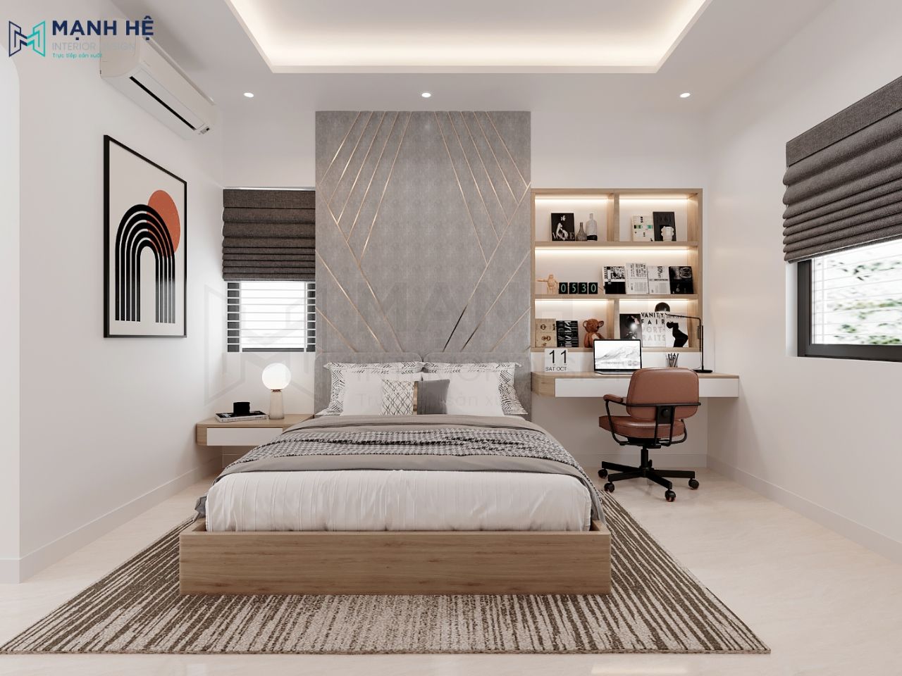 Phòng ngủ với tone màu trắng kết hợp với xám gợi nên sự trẻ trung năng động