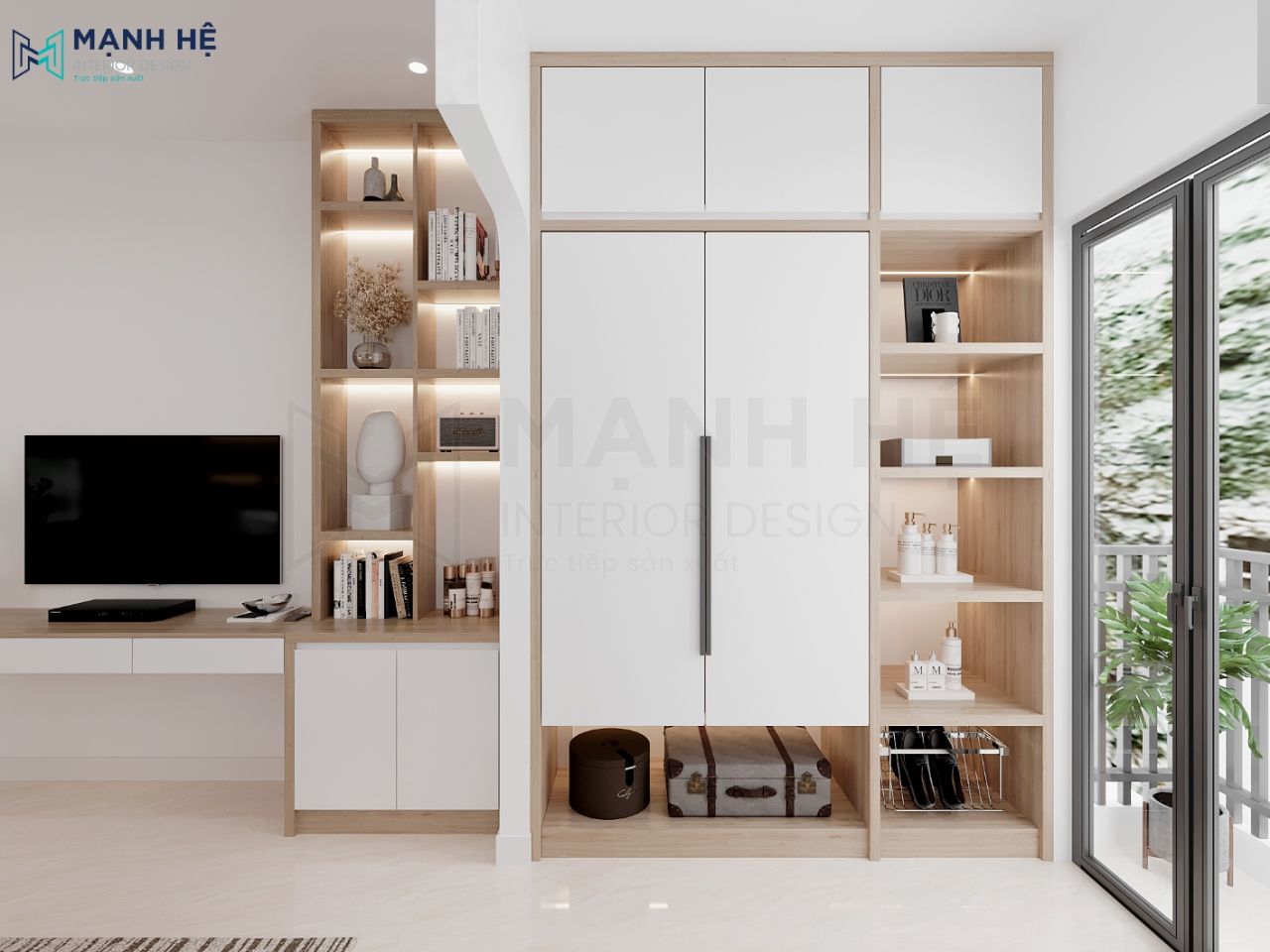 Tủ quần áo đụng trần kết hợp với kệ trang trí và để đồ phía ngoài tối ưu không gian sử dụng cho căn phòng