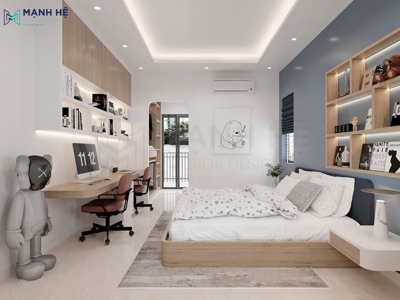 Thiết kế với tone màu trắng tô điểm thêm bức tường xanh, kèm nhiều món đồ decor dễ thương tạo sự sinh động cho căn phòng