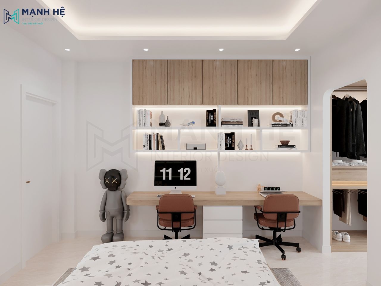 Thiết kế bàn làm việc đôi kèm giá sách cân đối tạo cảm hứng học cho các bé