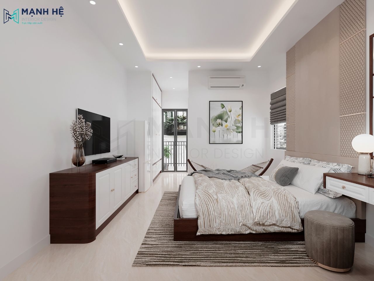 Toàn bộ không gian phòng ngủ với 2 gam màu trắng - nâu đậm chủ đạo