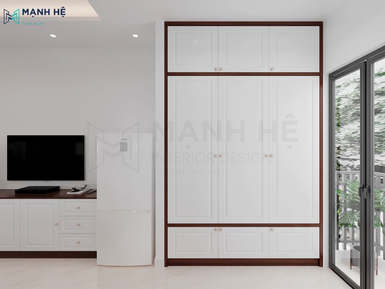 Tủ gỗ cao đụng trần họa tiết chìm tăng sự sang trọng và tối ưu không gian lưu trữ