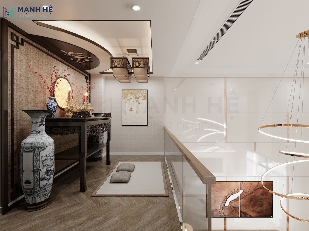 Trần nhà decor kĩ càng tỉ mĩ với hình hoa sen và đèn trùm hướng hơi cổ tạo cảm giác tâm linh hơn