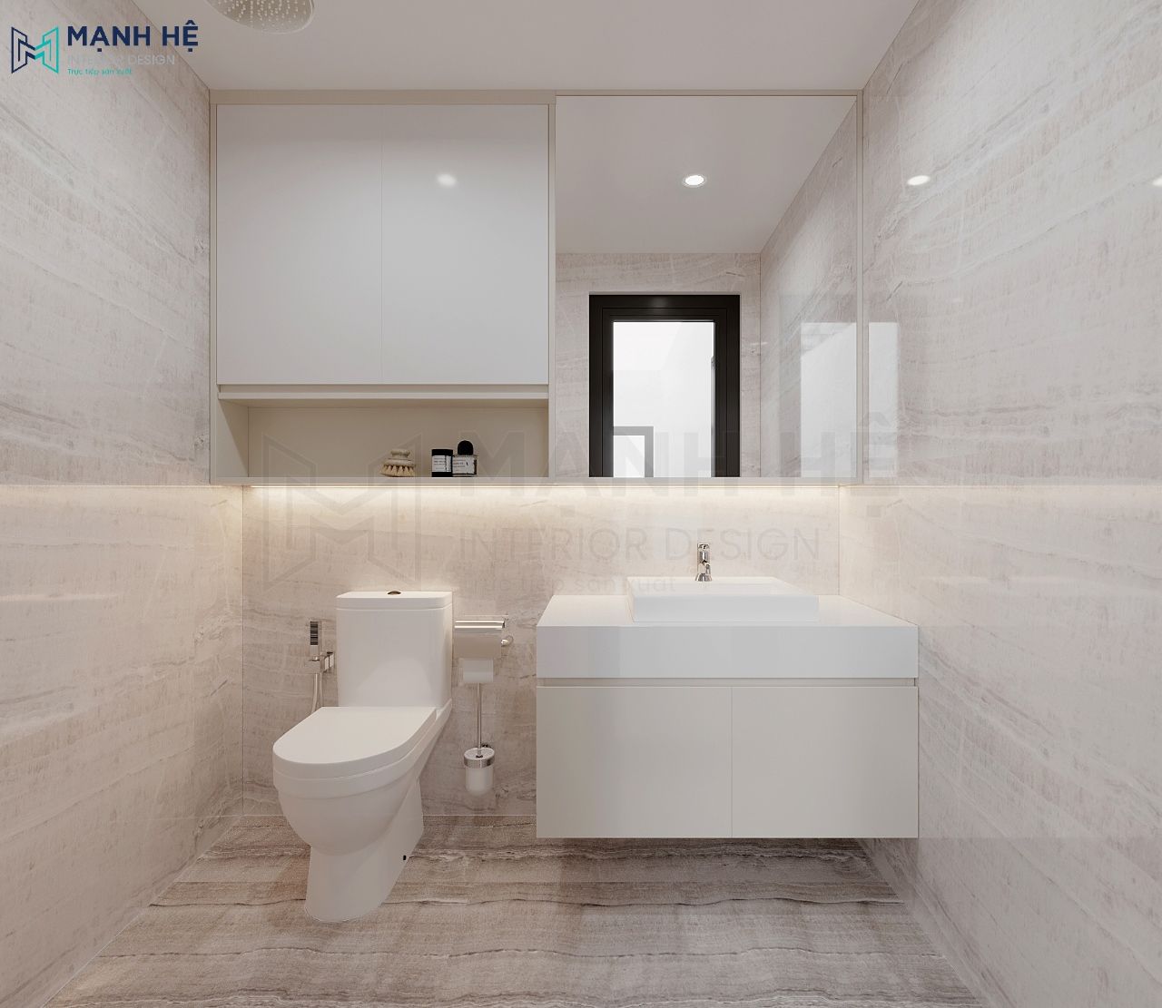 Nhà vệ sinh nhỏ màu trắng tạo cảm giác sạch sẽ, gọn gàng