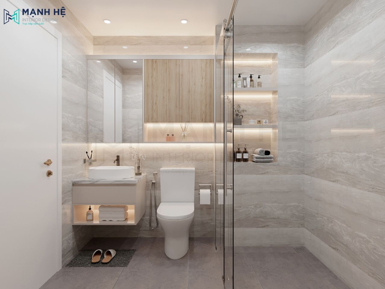 Thiết kế nội thất nhà vệ sinh đẹp hiện đại được ốp gạch toàn bộ