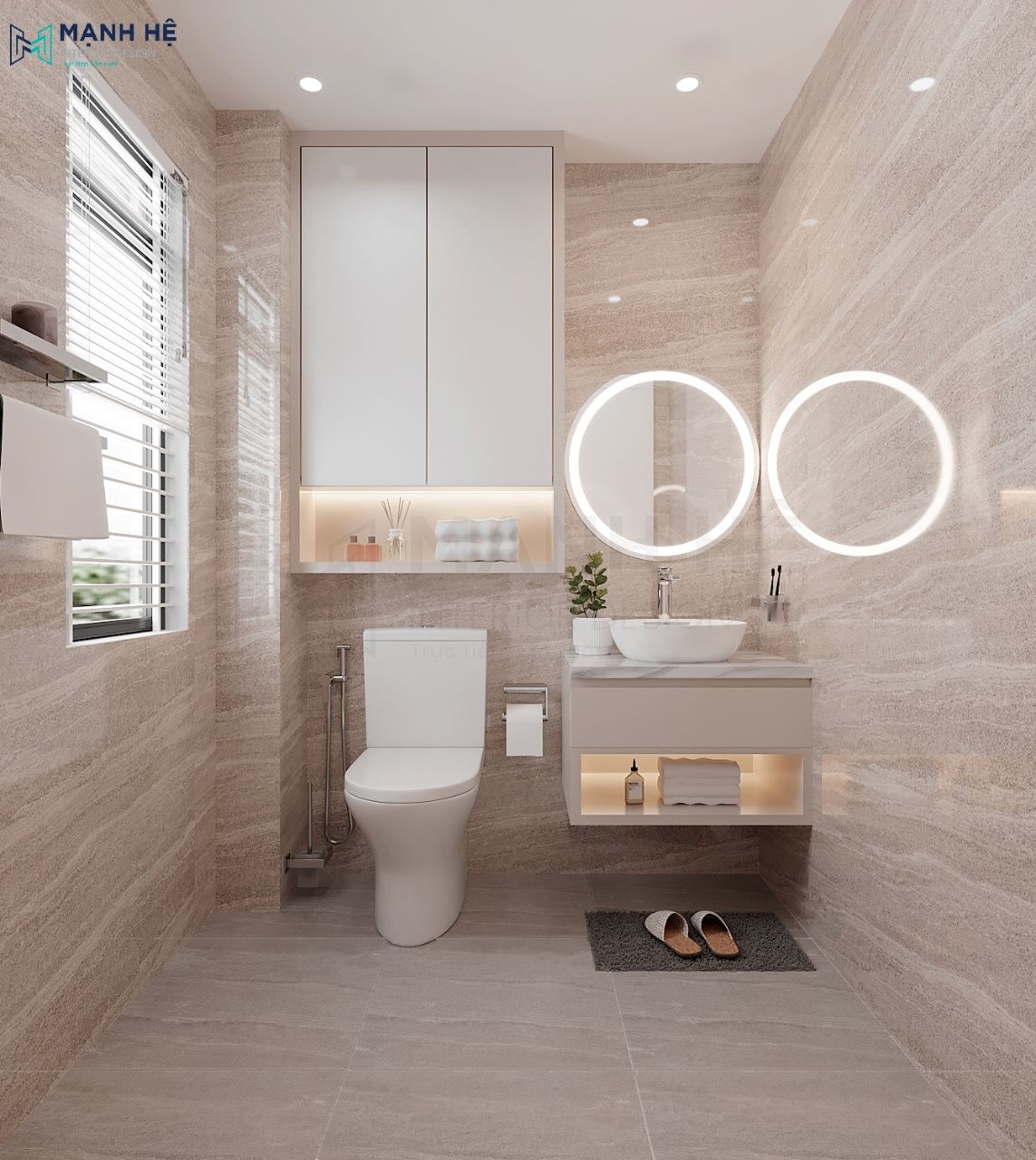 Phòng vệ sinh ốp gạch toàn bộ với hệ tủ âm tường trắng sạch sẽ