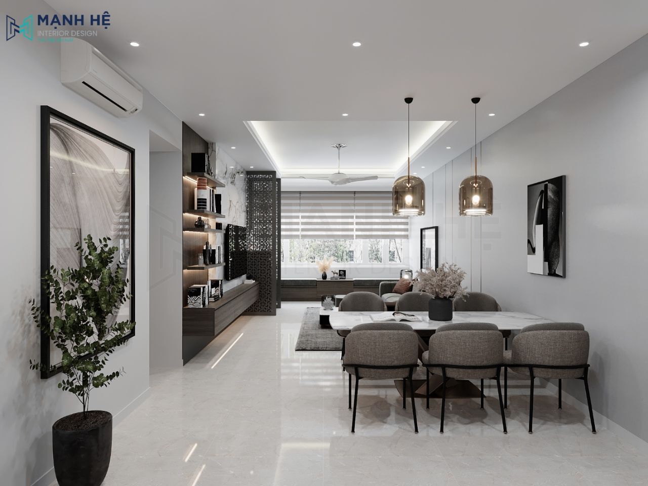 Sử dụng rèm cầu vòng và hệ thống đèn âm tường tối ưu ánh sáng cho gian phòng khách liền bếp