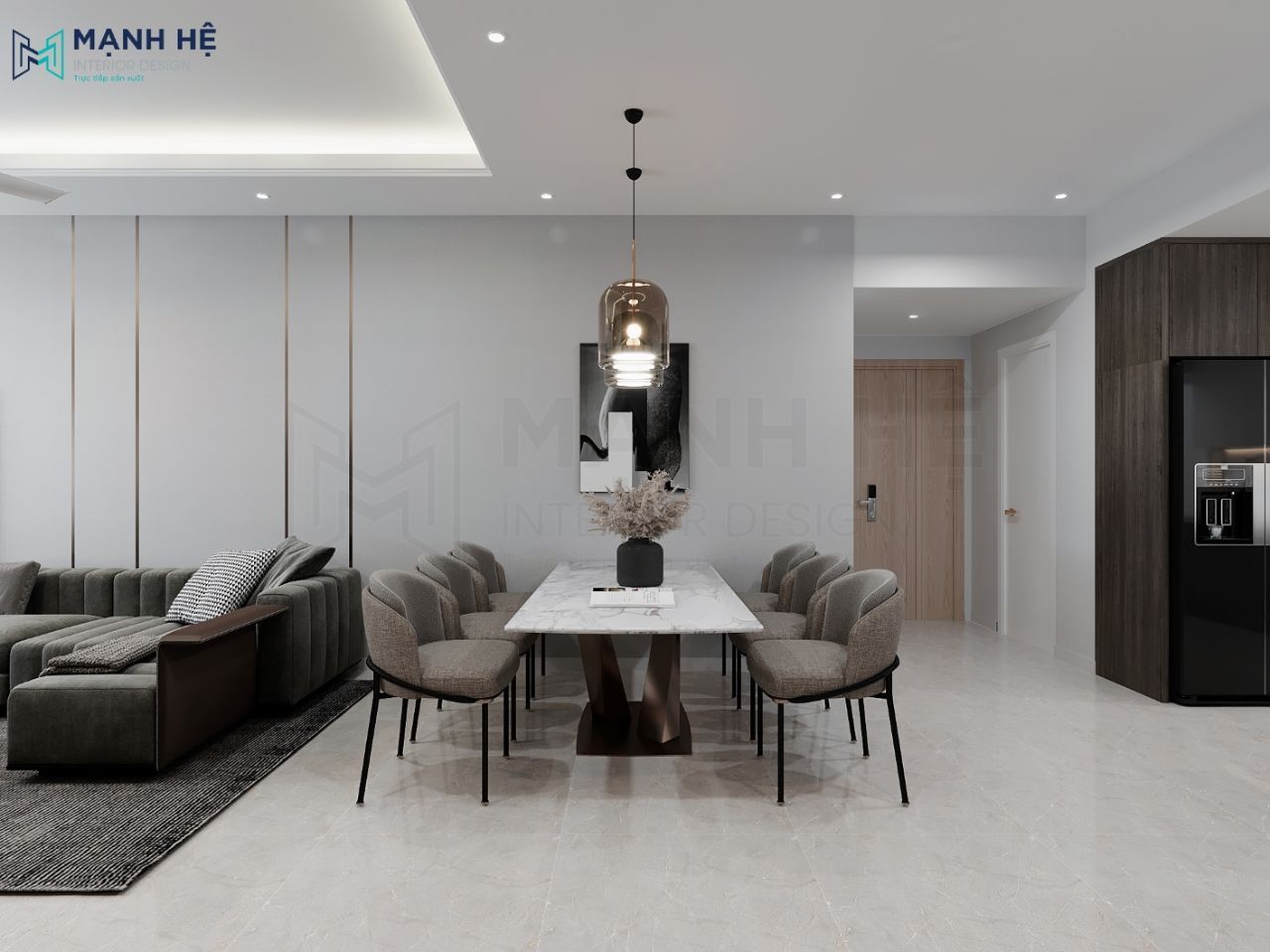 Bàn ăn với mặt bán trắng vân đá có 6 ghế kết hợp ánh đèn trùm hiện đại làm cho bữa cơ gia đình thêm ấm cúng