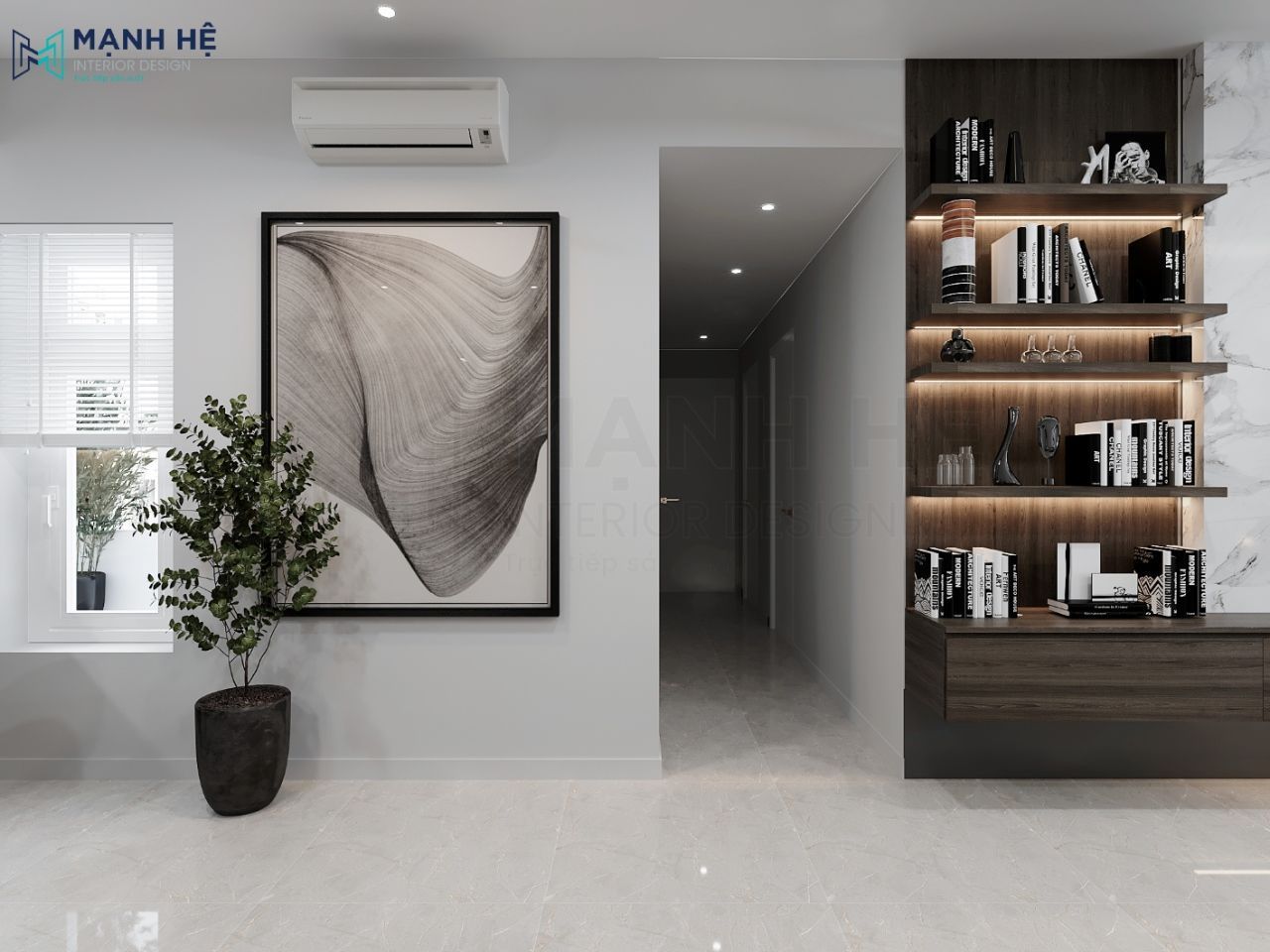 Cửa sổ nhỏ sử dụng rèm kéo nhựa tiện dụng, trang trí thêm cây xanh và tranh trườu tượng tạo sự sinh động cho cửa sổ