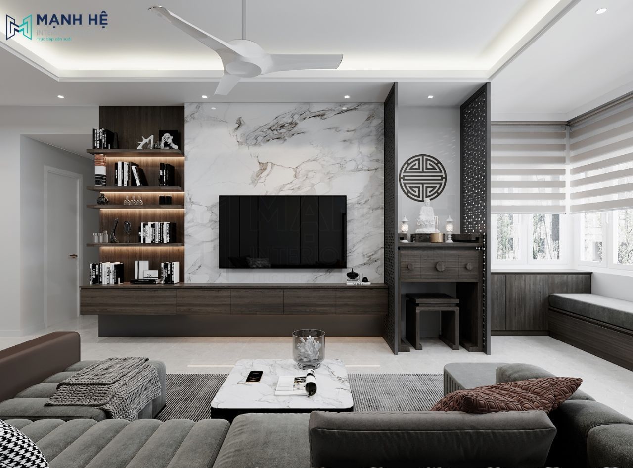Kệ tủ trang trí phòng khách được thiết kế treo tường bằng gỗ nhân tạo tone gỗ trầm, với khoảng cách các kệ không giống nhau tạo sự mới lạ, hiện đại