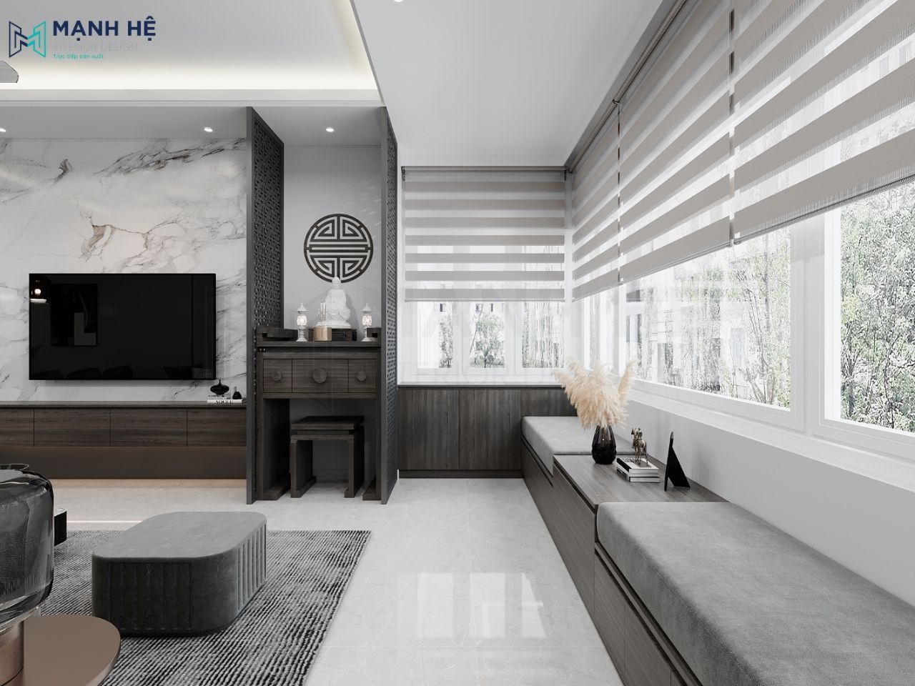 Bục ngồi được thiết kế lót đệm êm ái dài theo cửa sổ, ở giữa kết hợp bàn uống trà đọc sách tiện dụng