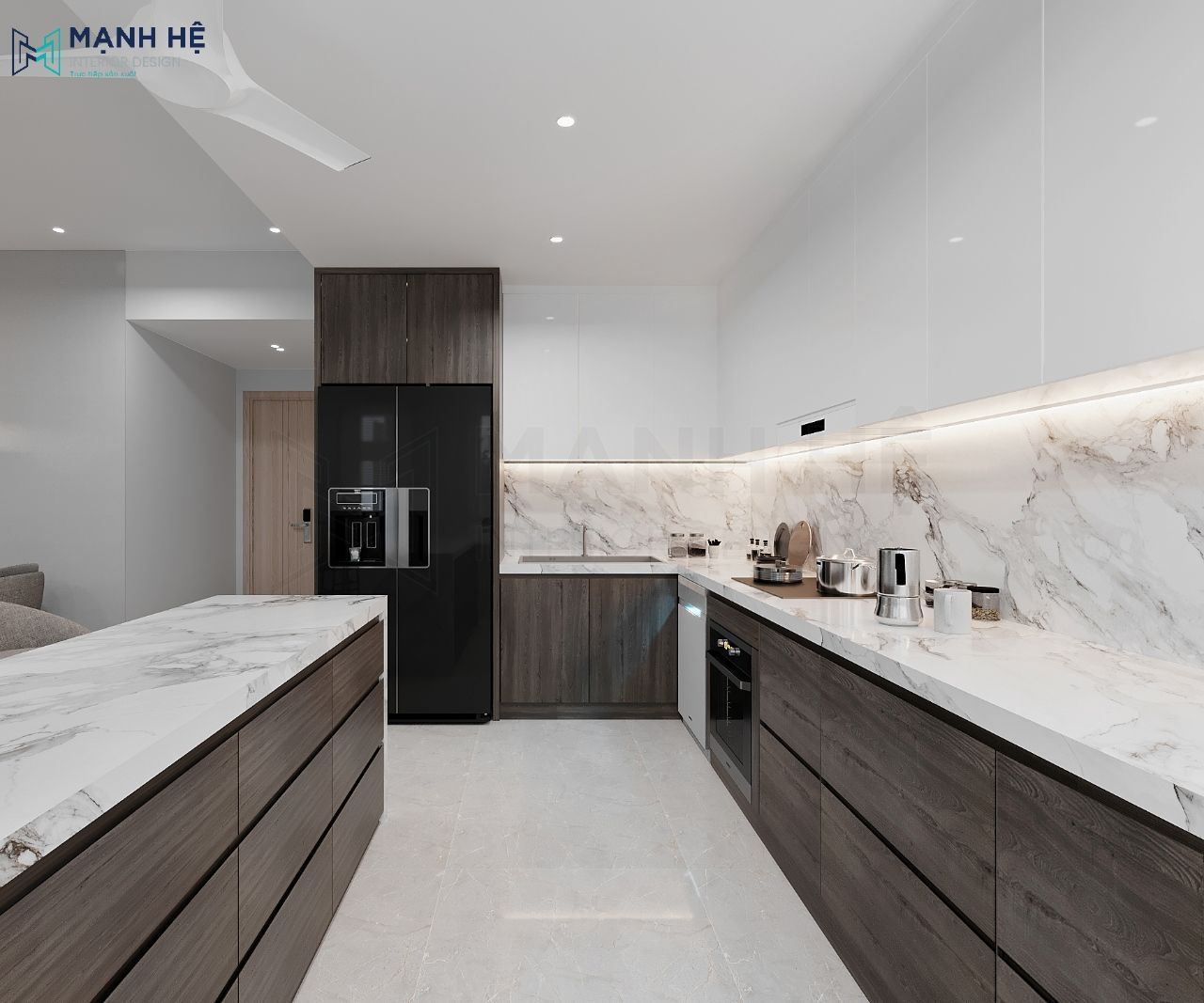 Hệ tủ bếp chữ L được thiết kế cao đụng trần phủ acrylic sáng bóng và tủ dưới được thiết kế gỗ công nghiệp phủ medanin nhám tạo sự sang trọng, sạch sẽ cho gian bếp