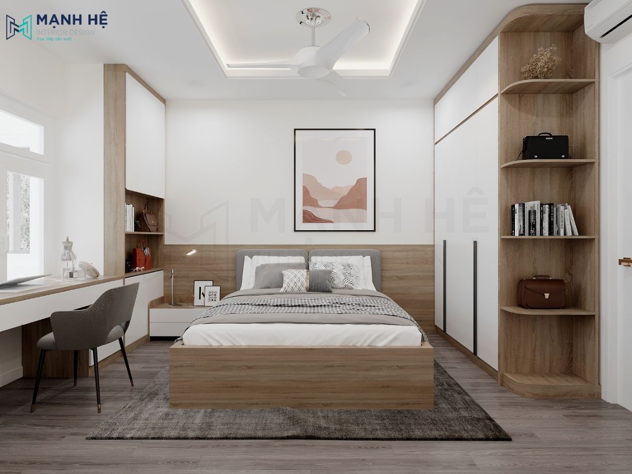 Phòng bé với tone màu gỗ sáng, tủ quần áo cao đụng trần tối có kệ góc bo tròn ưu không gian sử dụng cho bé