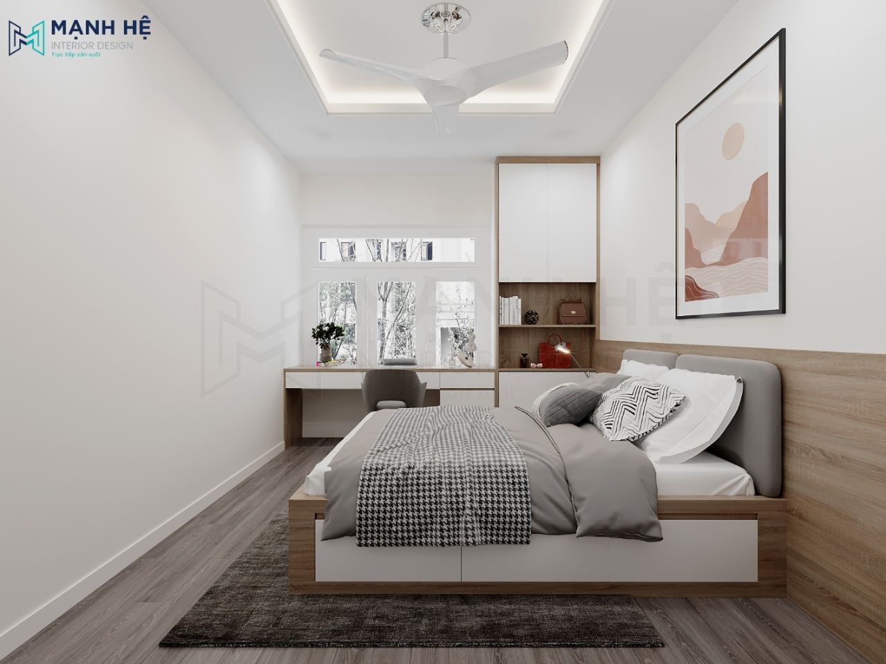 Hệ tủ trang trí và bàn học được thiết kế dọc theo tường tiết kiệm diện tích, ngăn kéo dưới giường tối ưu không gian sử dụng