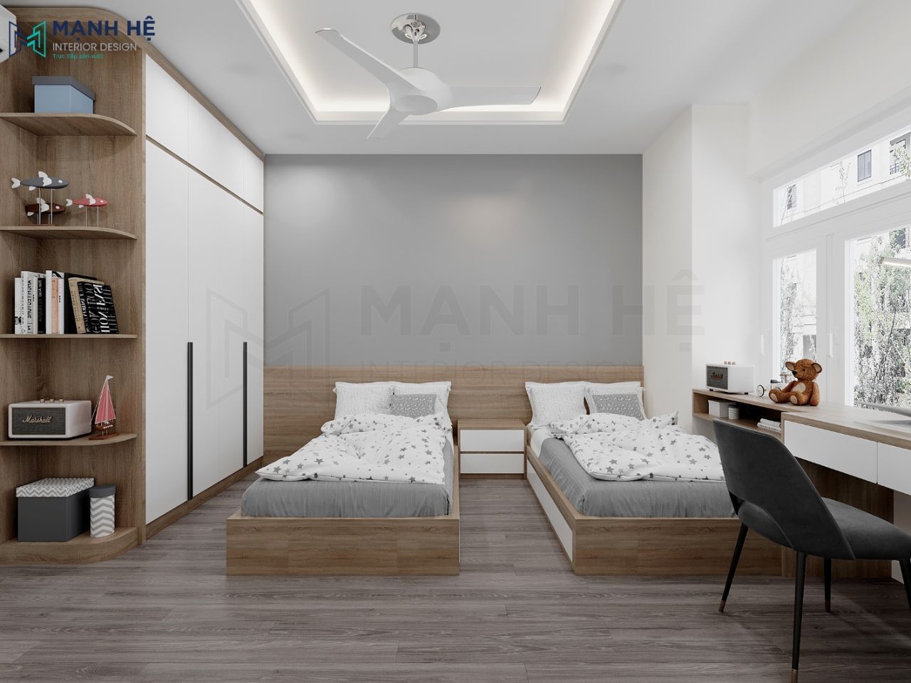 Hệ tủ quần áo cao đụng trần với tone màu trắng và 2 giường đơn tăng sự riêng tư cho 2 bé