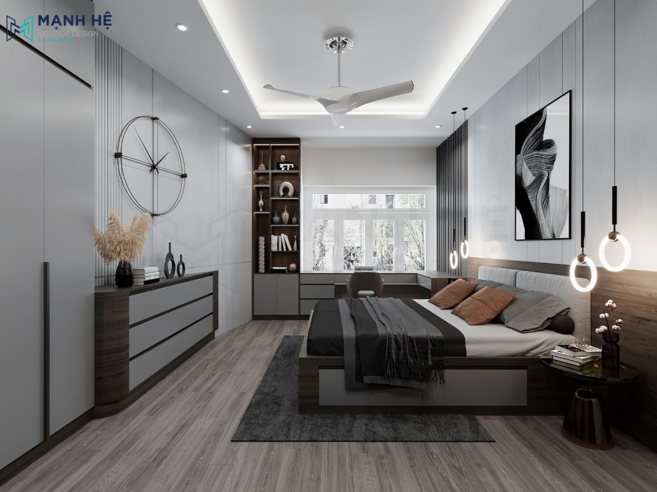 Hệ tủ trang trí kết hợp với bàn làm việc chữ L tối ưu không gian lưu trữ và tiện dụng cho gia chủ