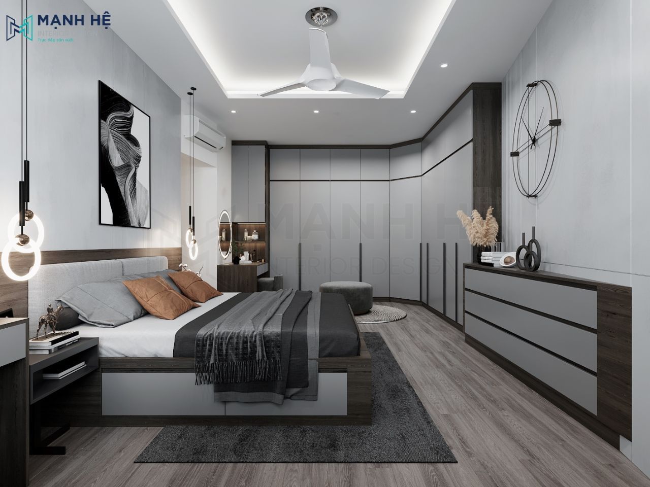 Thiết kế tủ quần áo gỗ cao đụng trần kết hợp bàn trang điểm tối ưu diện tích phòng ngủ master