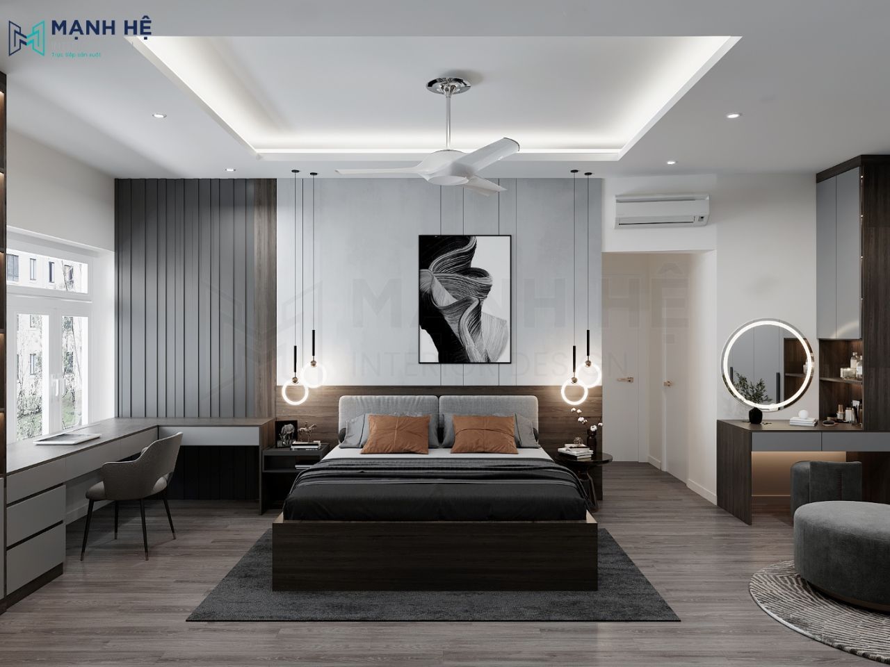 Phòng ngủ Master thiết kế theo tone màu xám kết hợp đèn trần dáng dài thả tạo điểm nhấn cho căn phòng