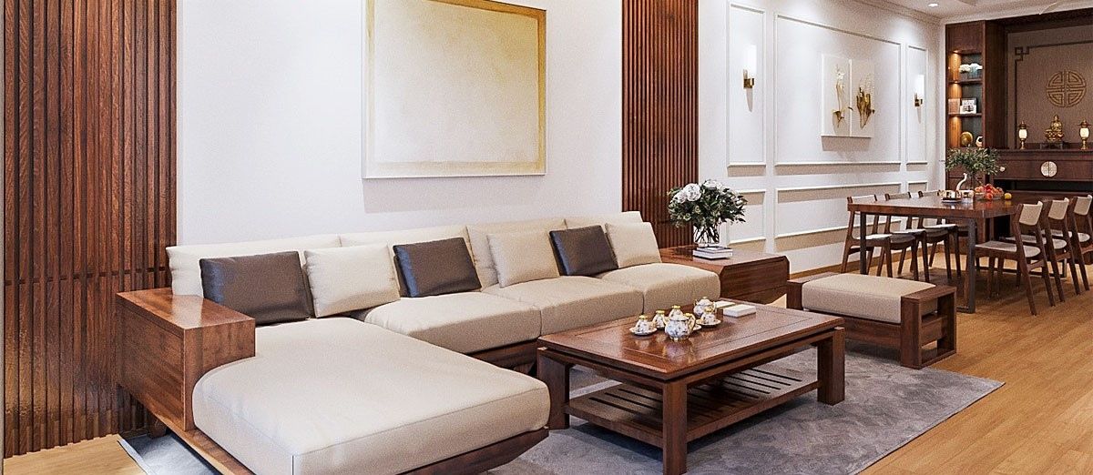 Chiều dài của bàn trà gỗ óc chó bằng 2/3 chiều dài của ghế sofa