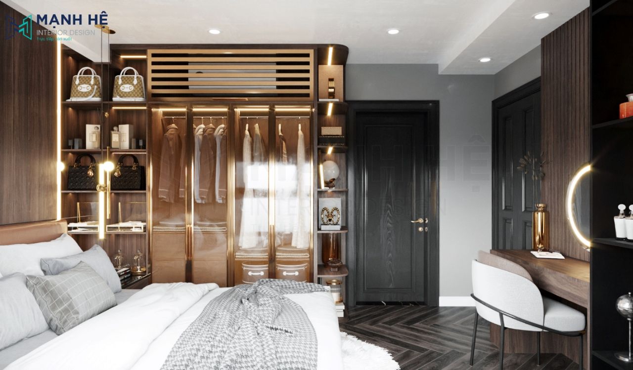 Hệ tủ quần áo cánh kính chạy đèn led âm tủ, kết hợp với kệ trang trí bo tròn 2 bên tạo sự tiện dụng