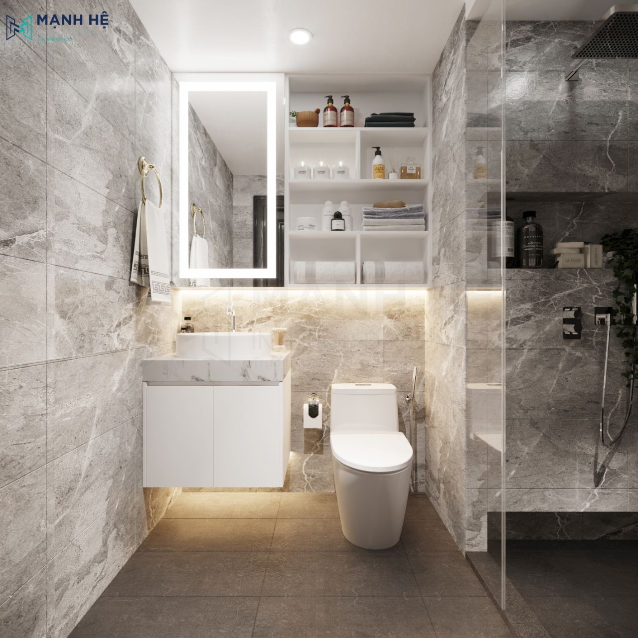 Nhà vệ sinh được thiết kế lát gạch toàn bộ với nội thất trắng tạo sự sạch sẽ và sang trọng