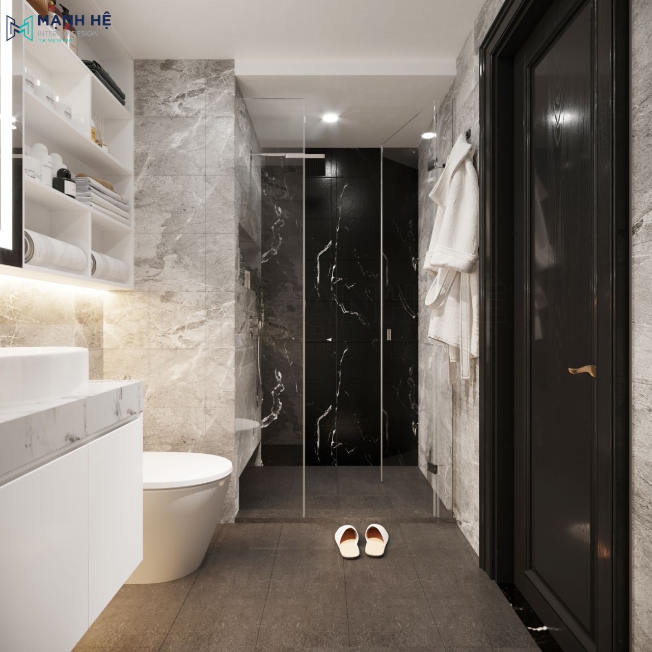 Với phòng tắm đứng riêng có cửa kính ngăn cách giúp tránh văng nước ra sàn gây trơn trượt