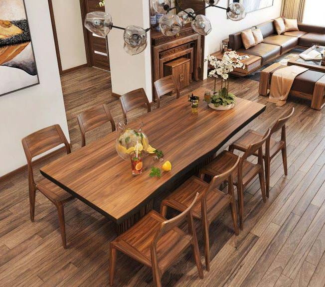 Bộ bàn ăn gỗ óc chó màu nâu trầm ấm cho không gian hiện đại