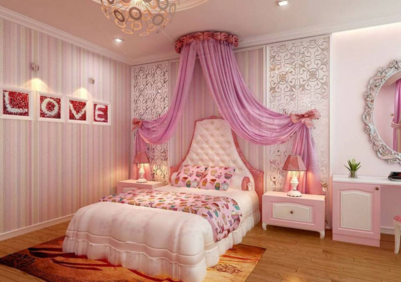 Mẫu 32: Giường ngủ công chúa màu trắng mềm mại kết hợp khung màn màu tím đẹp mê hồn