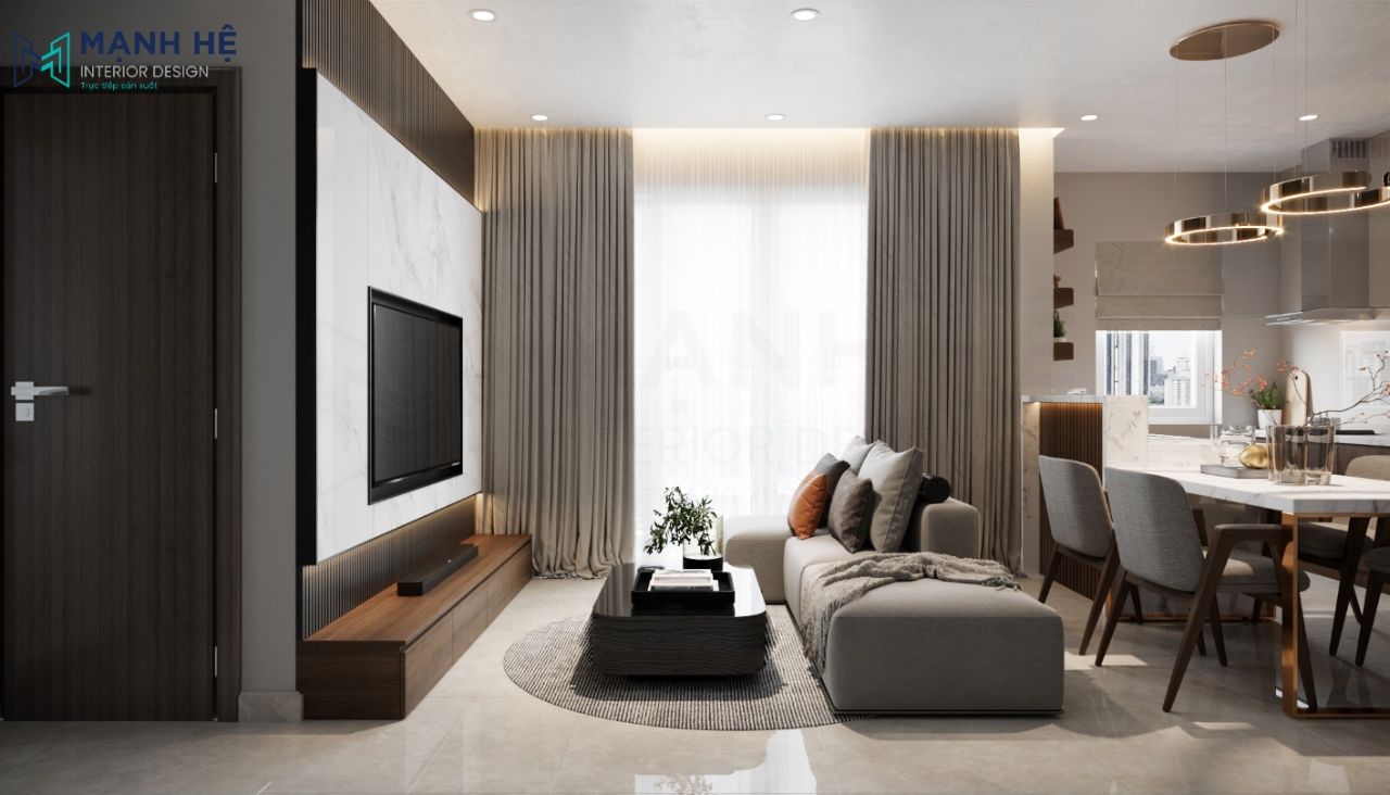 Sử dụng hệ rèm cửa 2 lớp tone màu xám cũng là tone chủ đạo của căn phòng, làm cho căn phòng thêm hài hòa và đẹp mắt hơn