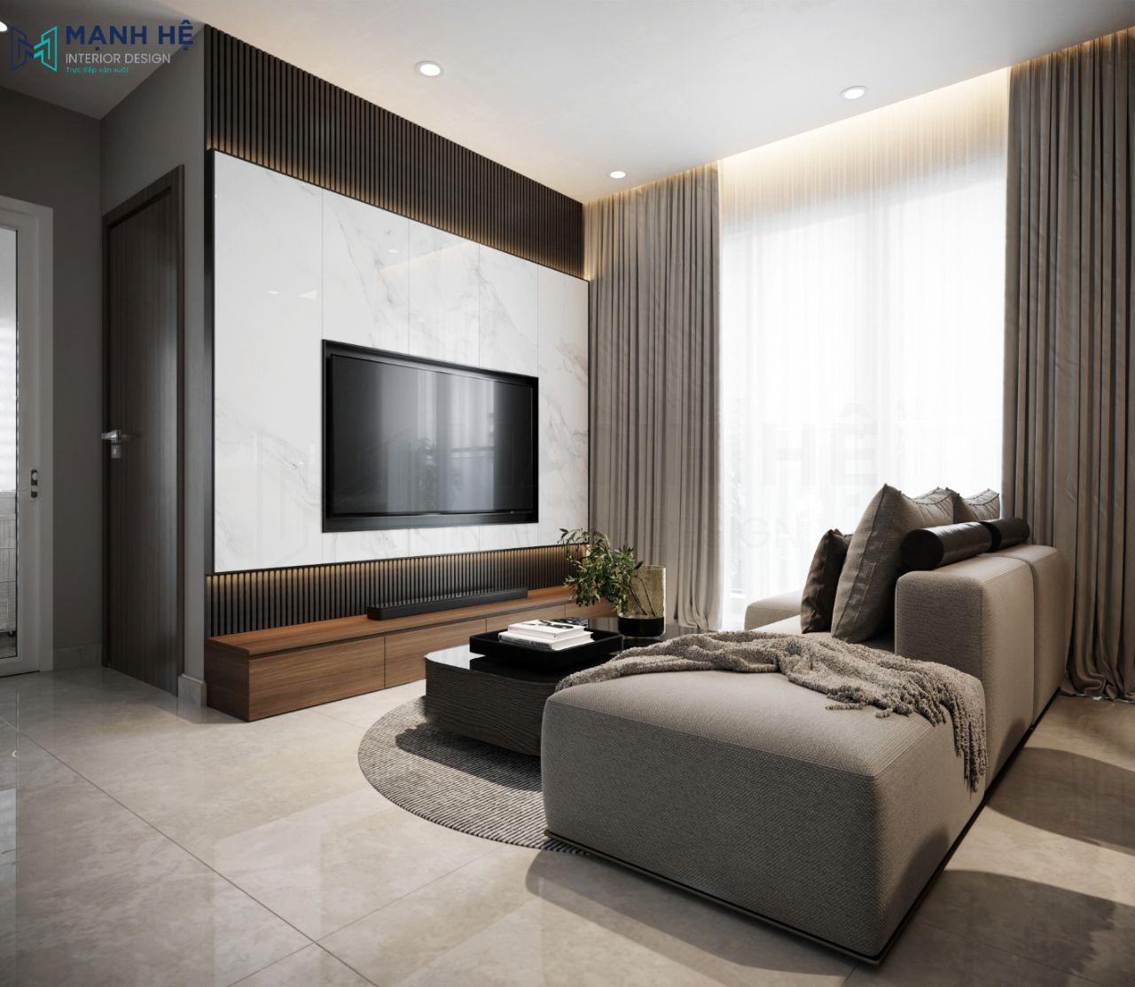 Vách tường chính phòng khách được ốp thanh lam gỗ kết hợp với hộc nhựa PVC vân mây tạo điểm nhấn sang trọng